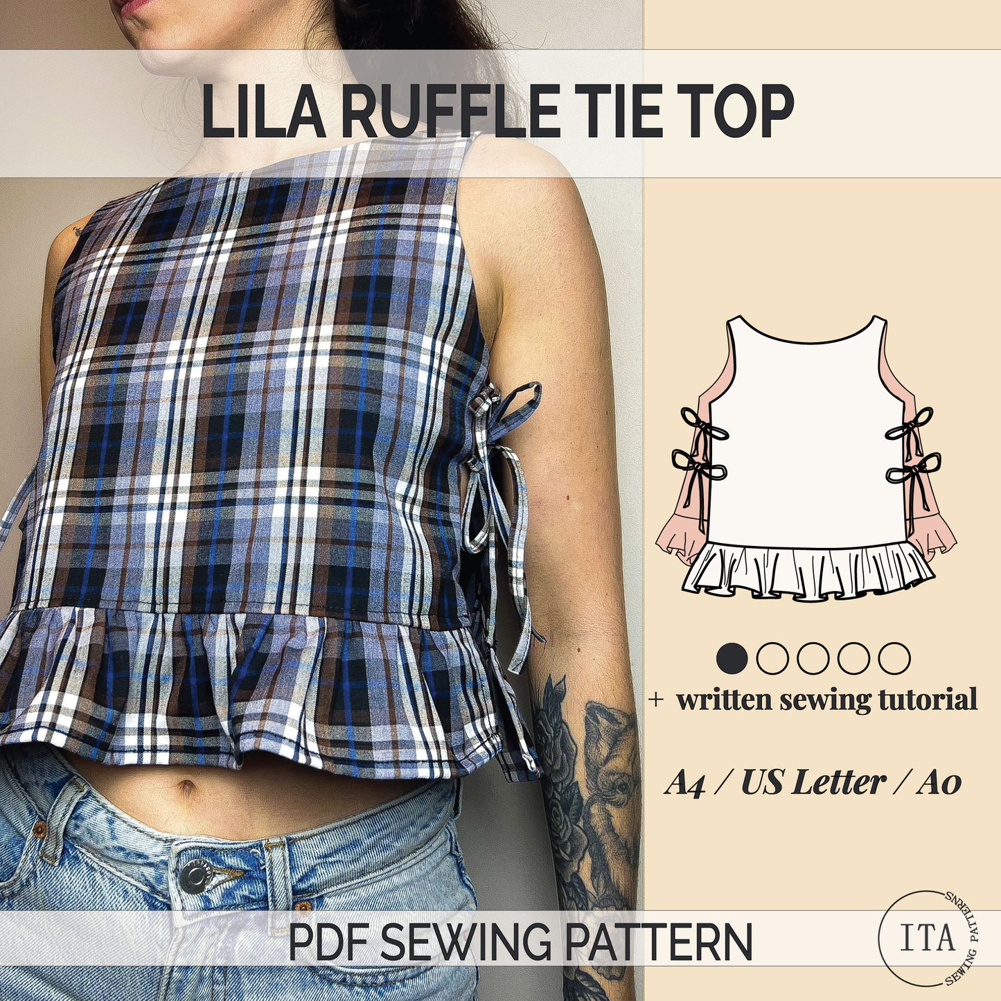 Lila ruffle tie top sewing pattern cover showing finished top and illustrated pattern with ruffle and side ties.