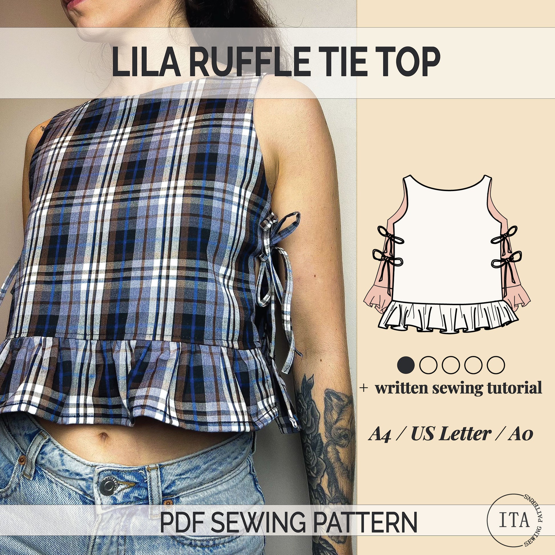 Lila ruffle tie top sewing pattern cover showing finished top and illustrated pattern with ruffle and side ties.