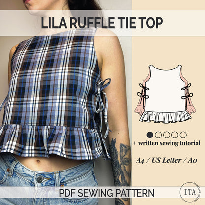 Lila ruffle tie top sewing pattern cover showing finished top and illustrated pattern with ruffle and side ties.