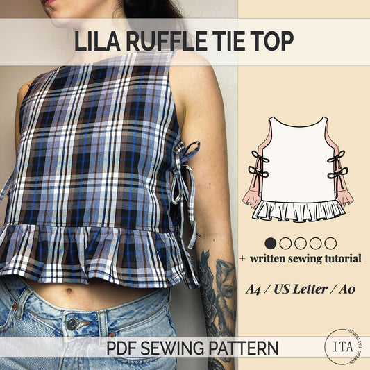 Lila ruffle tie top sewing pattern cover showing finished top and illustrated pattern with ruffle and side ties.