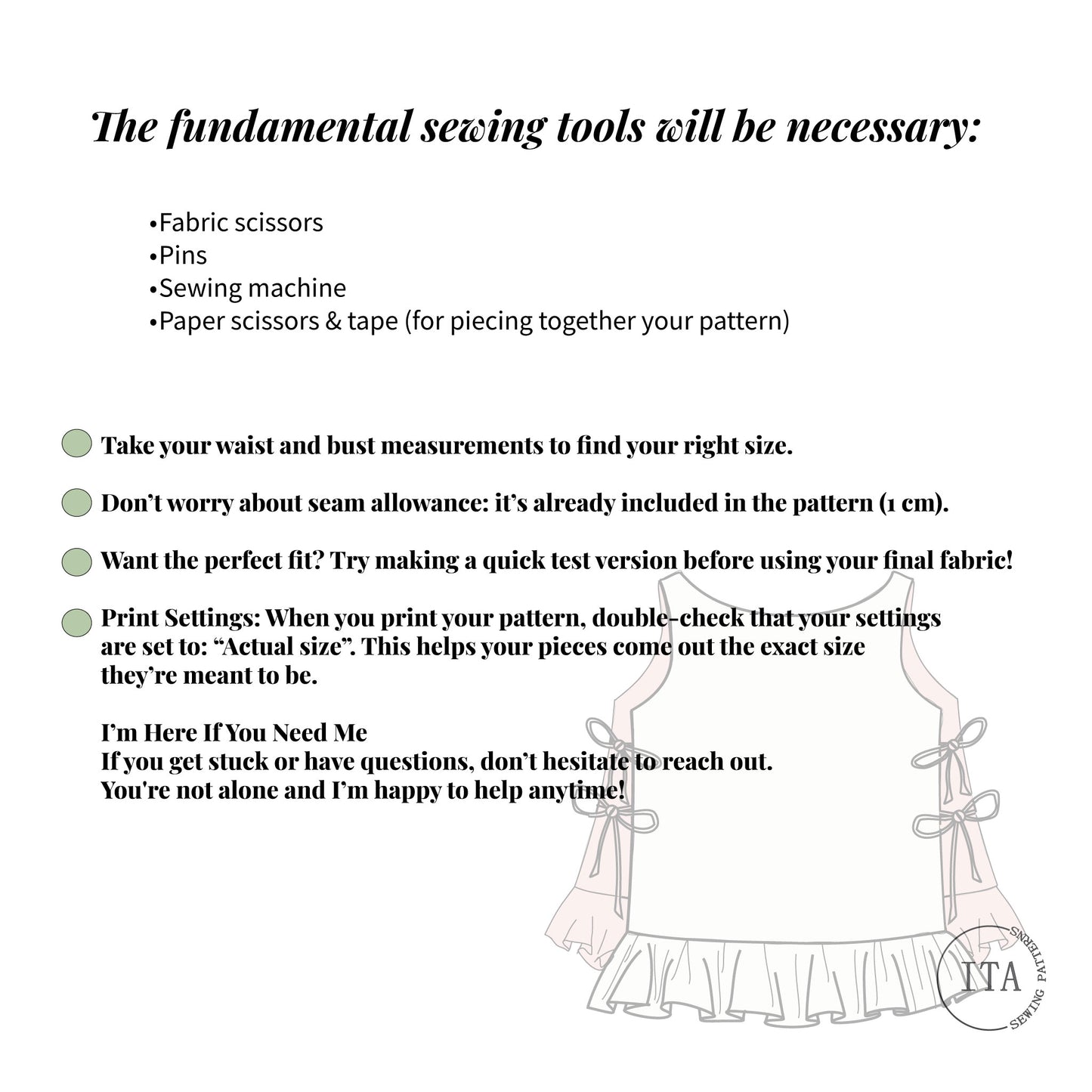 Sewing tools and helpful tips page for Lila ruffle tie top sewing pattern with beginner instructions.
