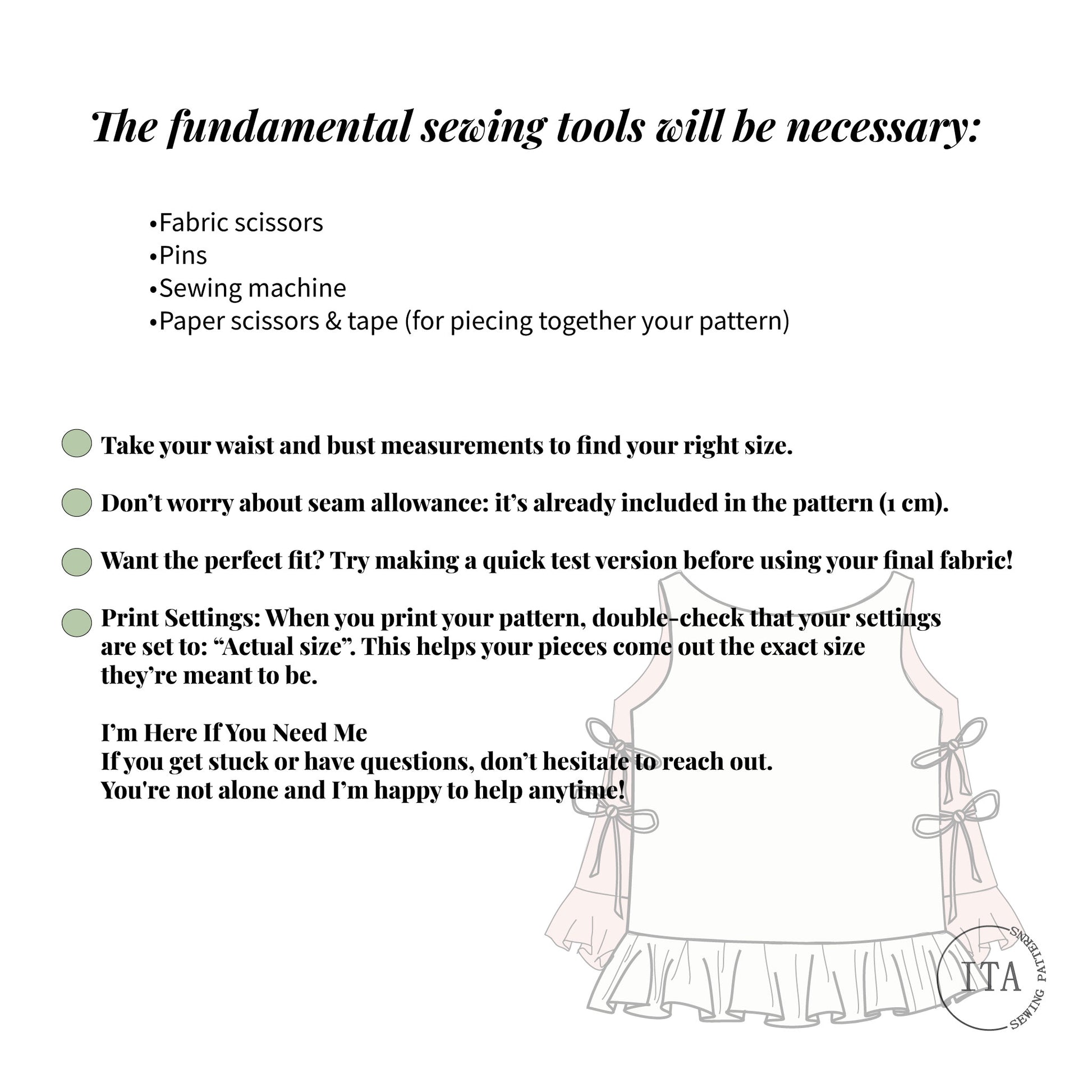 Sewing tools and helpful tips page for Lila ruffle tie top sewing pattern with beginner instructions.