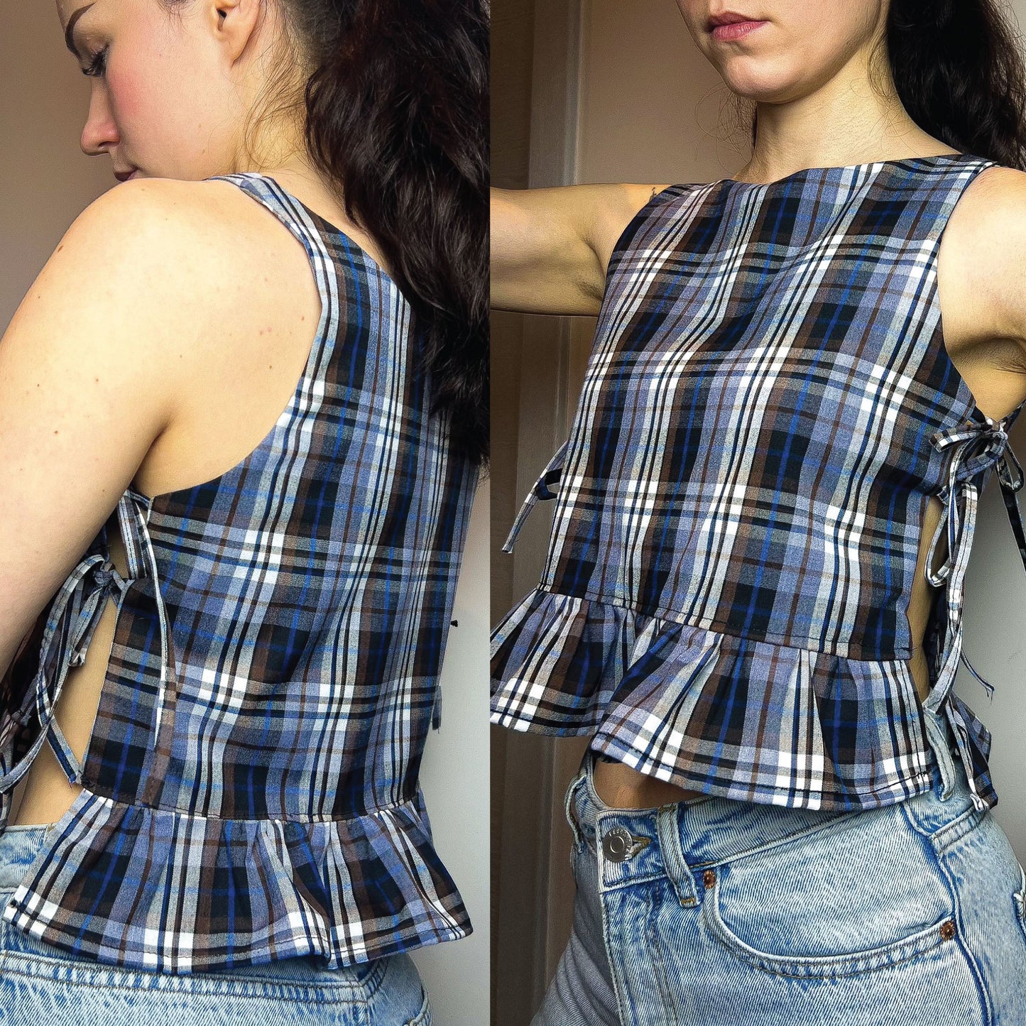 A sleeveless plaid top shown on a model in a split front and back view. The top has a blue, white, and black tartan pattern, a wide neckline, and a ruffled hem with side tie details.