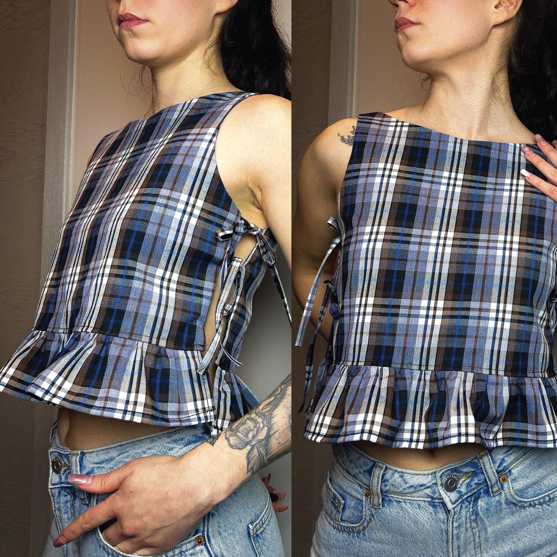 A woman wearing a sleeveless plaid crop top with side tie details and a ruffled hem, paired with light blue jeans. The image shows two side-by-side views of the same outfit in an indoor setting.