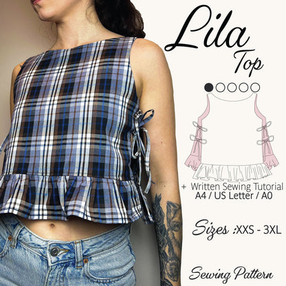 A sleeveless plaid crop top in blue, navy, white, and black, modeled on a person wearing denim jeans. The image includes a sewing pattern illustration and text reading 'Lila Top', 'Written Sewing Tutorial', 'Sizes : XXS - 3XL', and 'Sewing Pattern'.