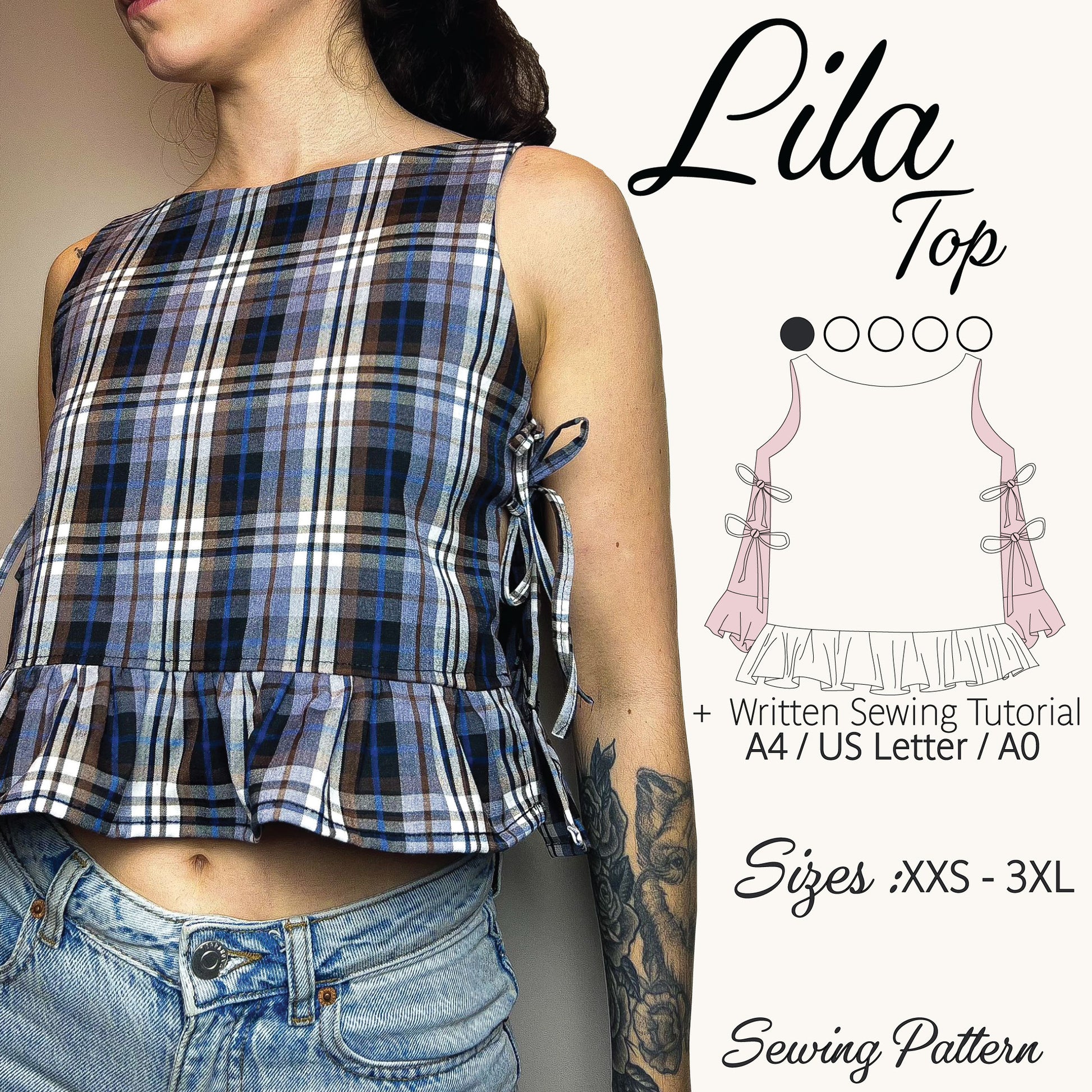 A sleeveless plaid crop top in blue, navy, white, and black, modeled on a person wearing denim jeans. The image includes a sewing pattern illustration and text reading 'Lila Top', 'Written Sewing Tutorial', 'Sizes : XXS - 3XL', and 'Sewing Pattern'.