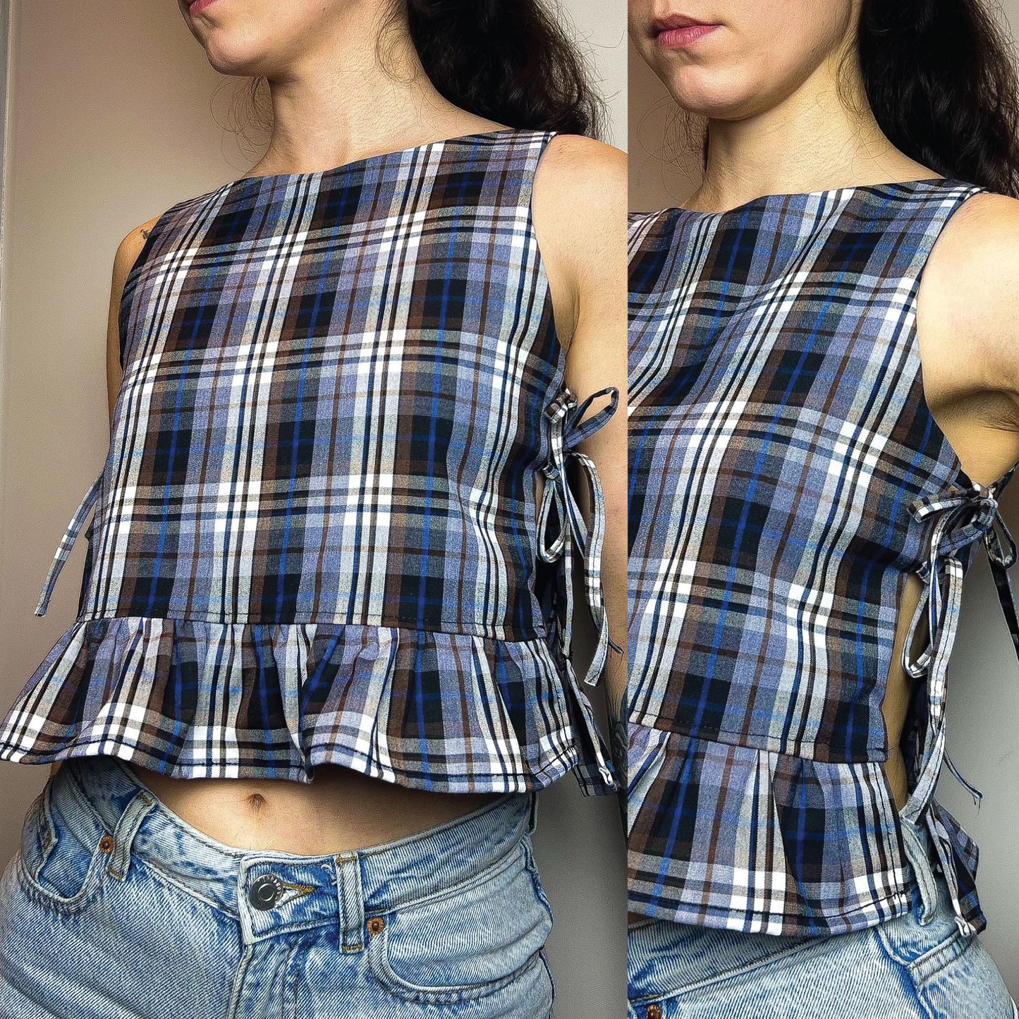 A sleeveless plaid crop top with a ruffled hem and side tie details, shown on a model wearing blue jeans. The image is a side-by-side composite showing two angles of the top against a plain indoor wall.