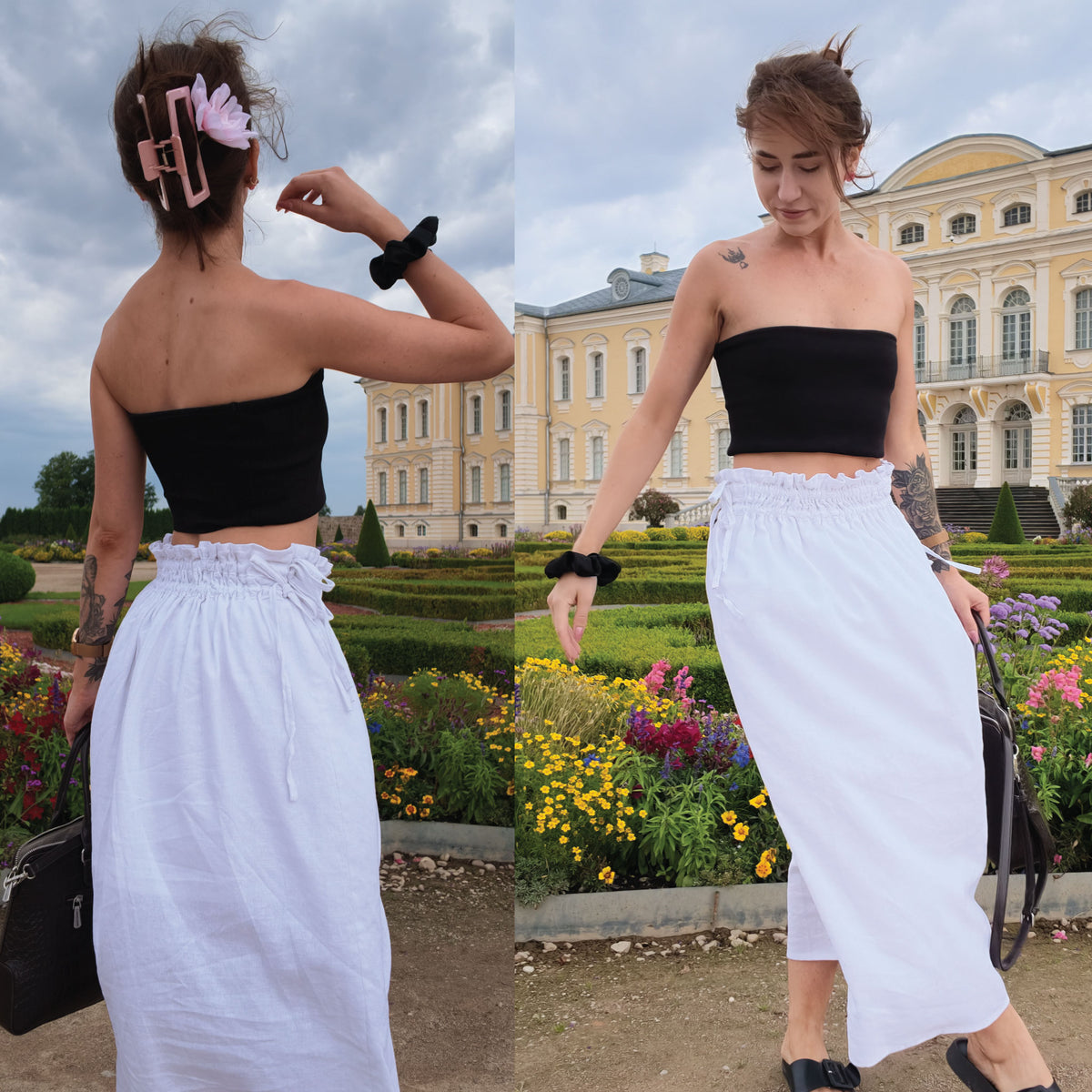 A woman modeling a black strapless bandeau top and a long white high-waisted skirt in an outdoor garden setting with a large historic building in the background. The image is a side-by-side composite showing both front and back views.