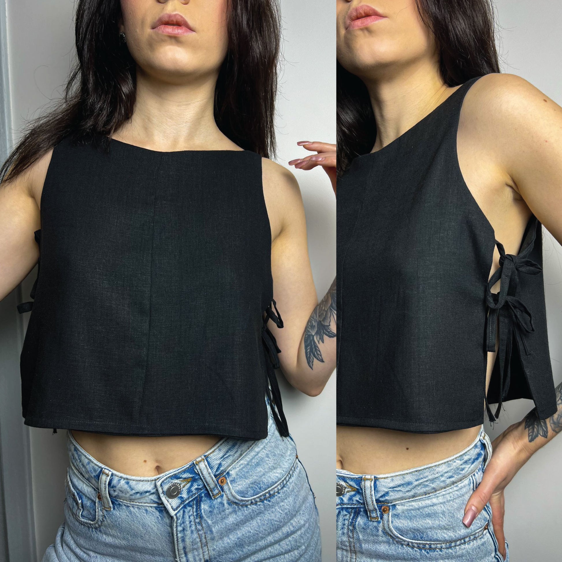 A woman modeling a black sleeveless crop top with side tie details, shown in a split front and side view against a plain indoor wall.