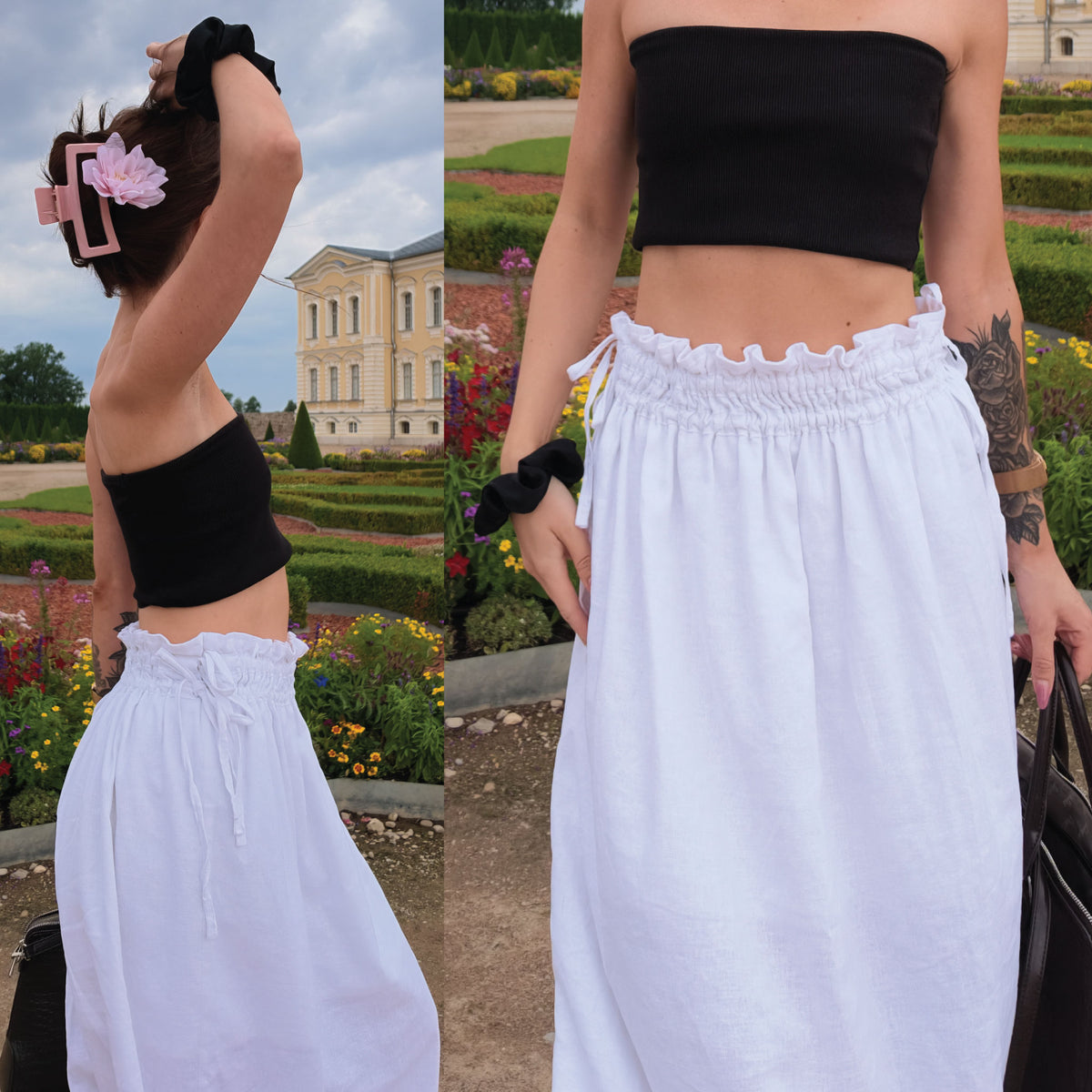 A split-view outdoor photo of a person wearing a black strapless bandeau-style top and a loose white drawstring skirt. The left panel shows the full back view with a pink hair clip and flower in the hair, and the right panel shows the front waist area with the white skirt and black scrunchie.