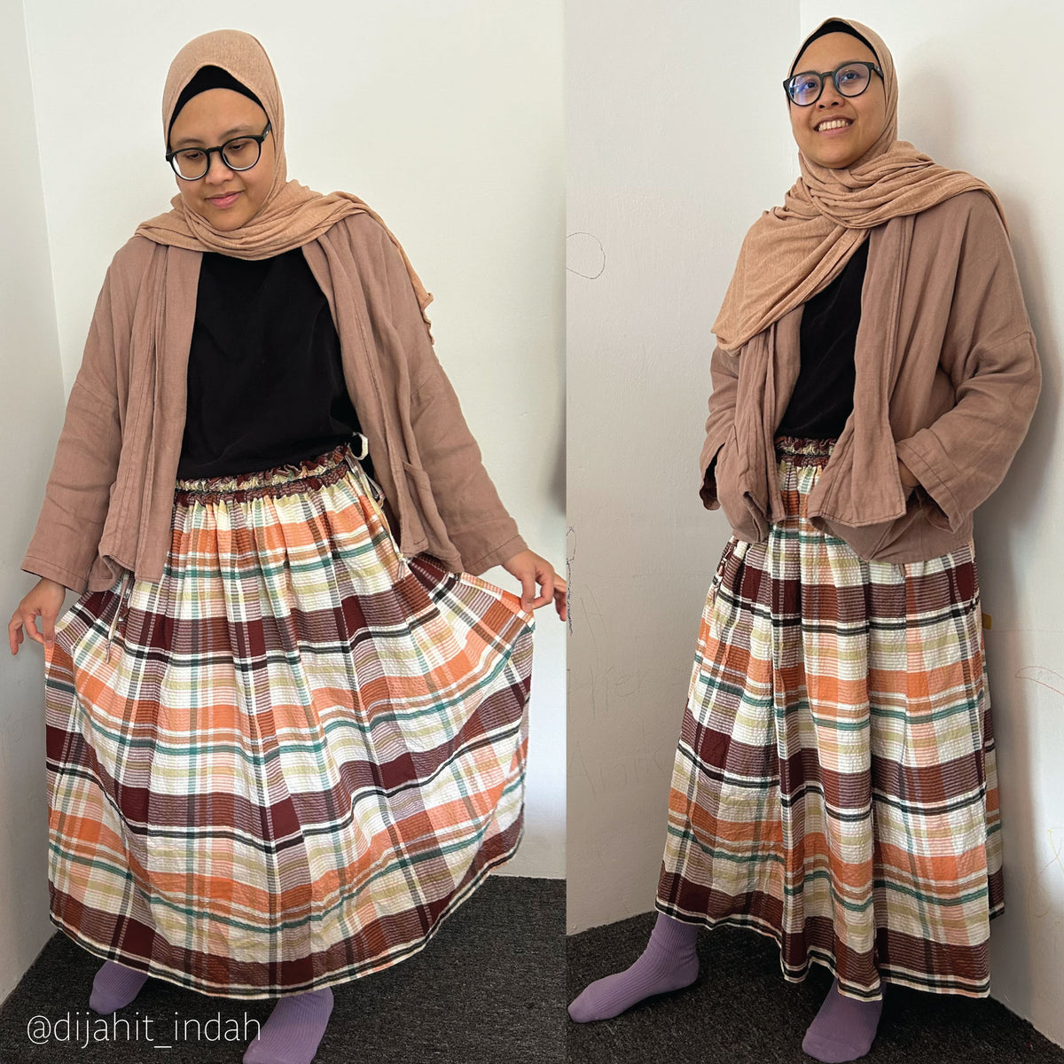 A side-by-side comparison of a woman modeling a long pleated maxi skirt with a brown, orange, and white plaid pattern, styled with a black top, a beige cardigan, and a beige hijab.