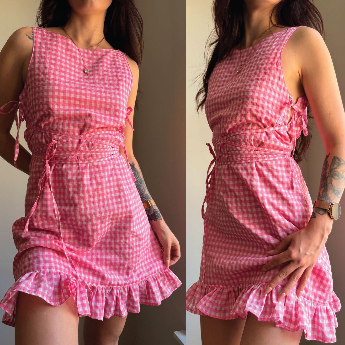 A pink and white gingham mini dress with a ruffled hem, side ties, and a gathered waist, shown in a split-screen front and back view on a model.