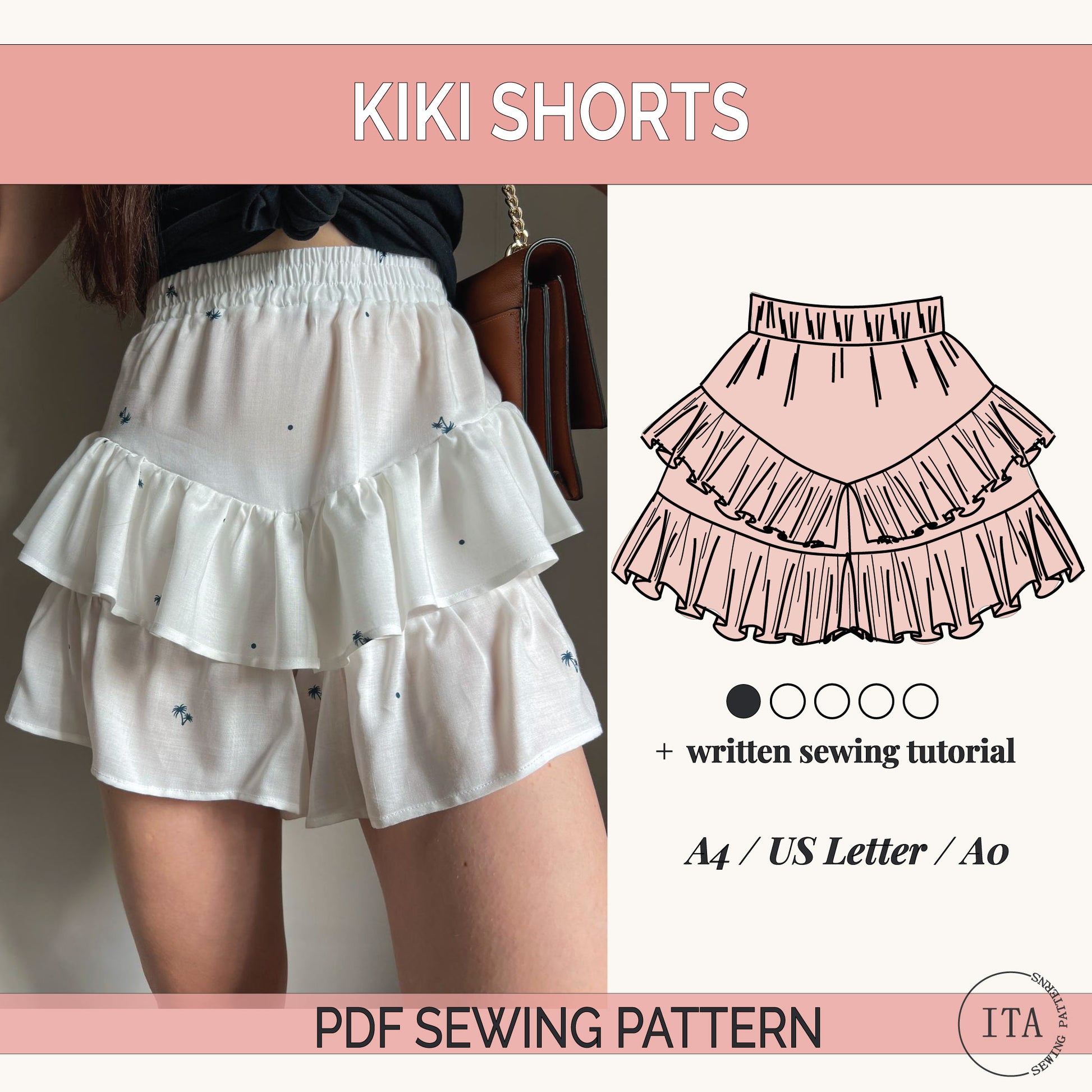 Kiki shorts with a sewing pattern illustration and text about a PDF sewing pattern.