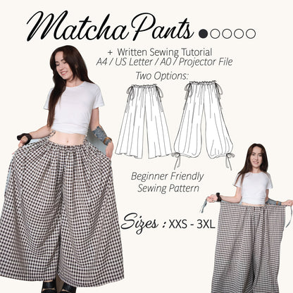 Matcha Pants sewing pattern PDF with wide leg gingham drawstring pants, 2 style options, sizes XXS–3XL
