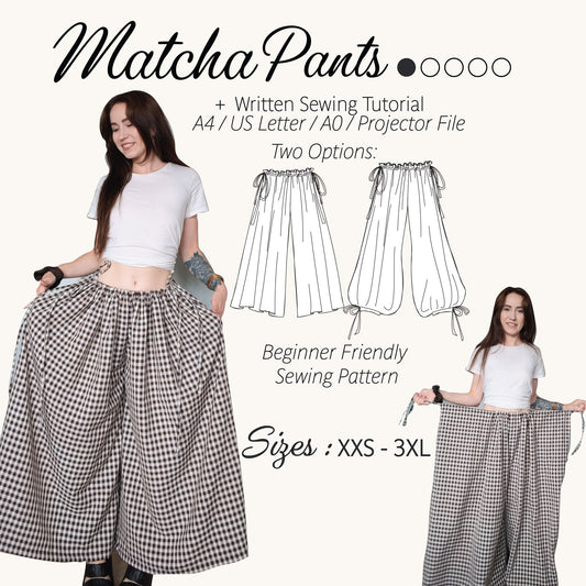 Matcha Pants sewing pattern PDF with wide leg gingham drawstring pants, 2 style options, sizes XXS–3XL