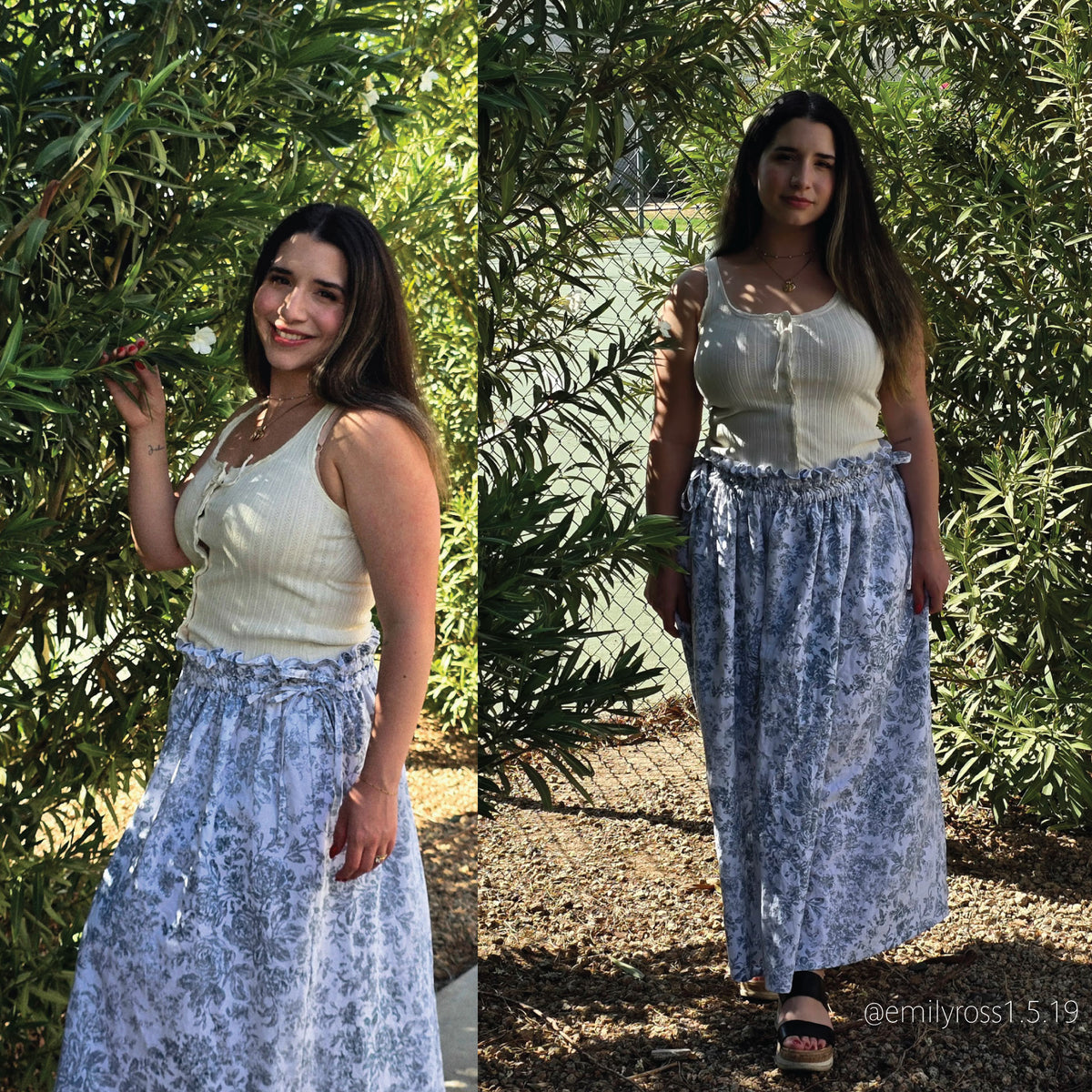 A side-by-side collage shows a woman outdoors wearing a sleeveless cream top and a long light blue floral skirt. The background consists of dense green foliage and a gravel path.