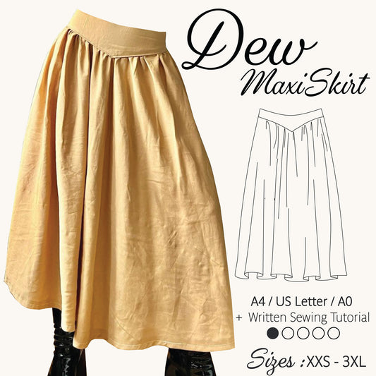 A mustard yellow linen maxi skirt shown on a model from the waist down, alongside a black line drawing of the skirt, the text 'Dew MaxiSkirt', and sewing tutorial details.
