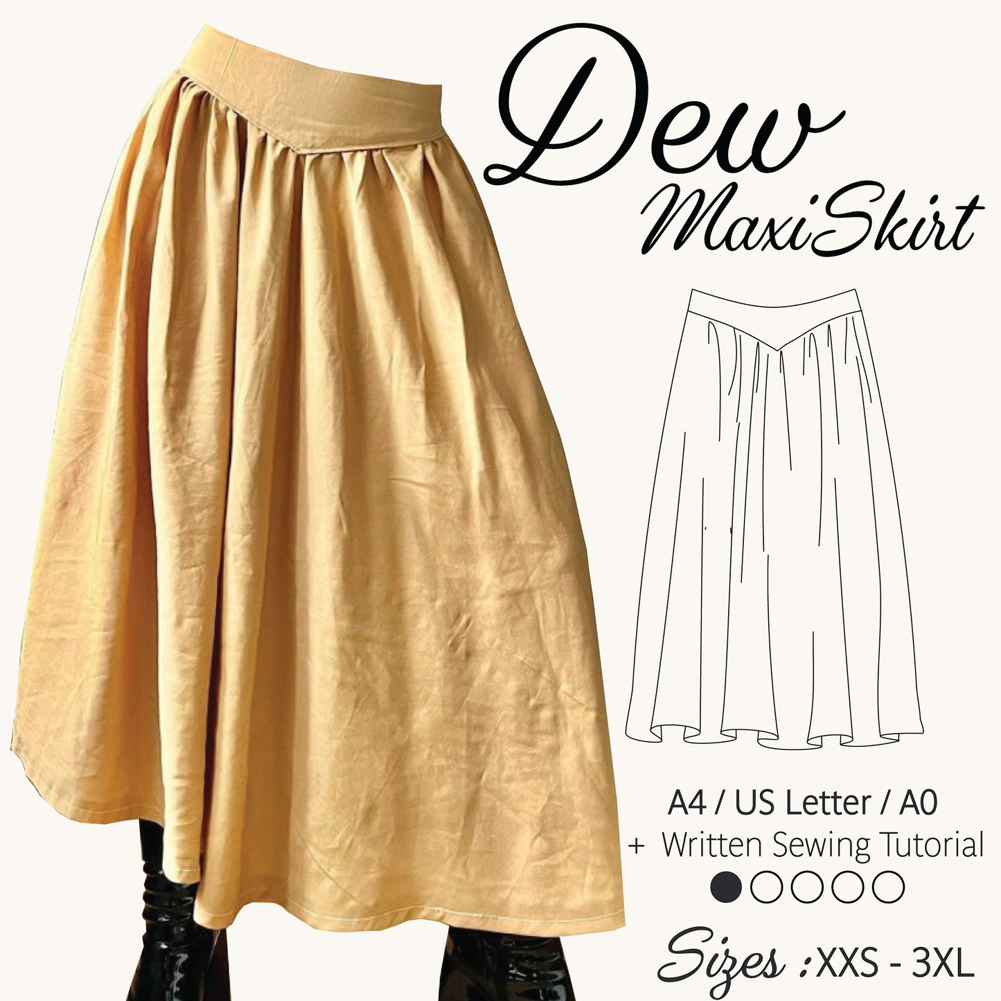 A mustard yellow linen maxi skirt shown on a model from the waist down, alongside a black line drawing of the skirt, the text 'Dew MaxiSkirt', and sewing tutorial details.