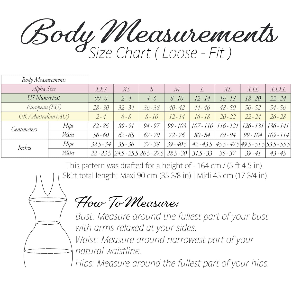 Bali skirt size chart, sizes XXS to 3XL