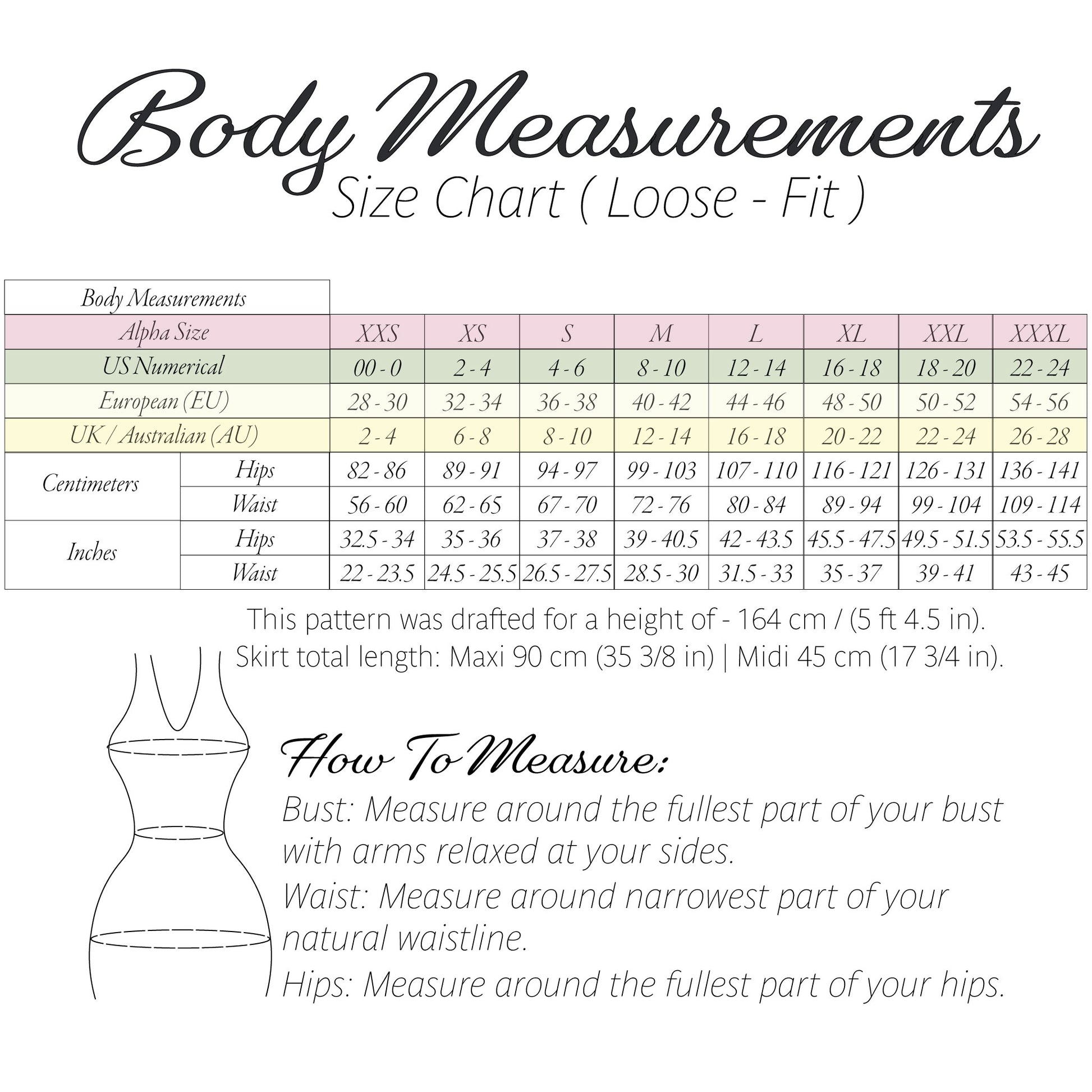Bali skirt size chart, sizes XXS to 3XL