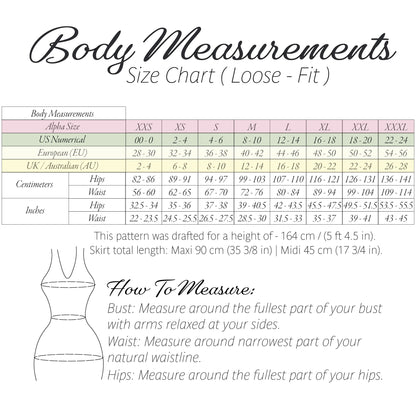 Bali skirt size chart, sizes XXS to 3XL