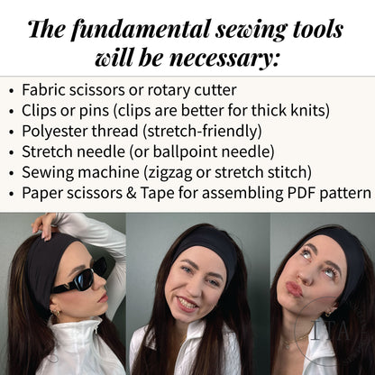 List of fundamental sewing tools for sewing pattern headband with a woman wearing a headband and sunglasses logo of Ita sewing patterns in the corner.