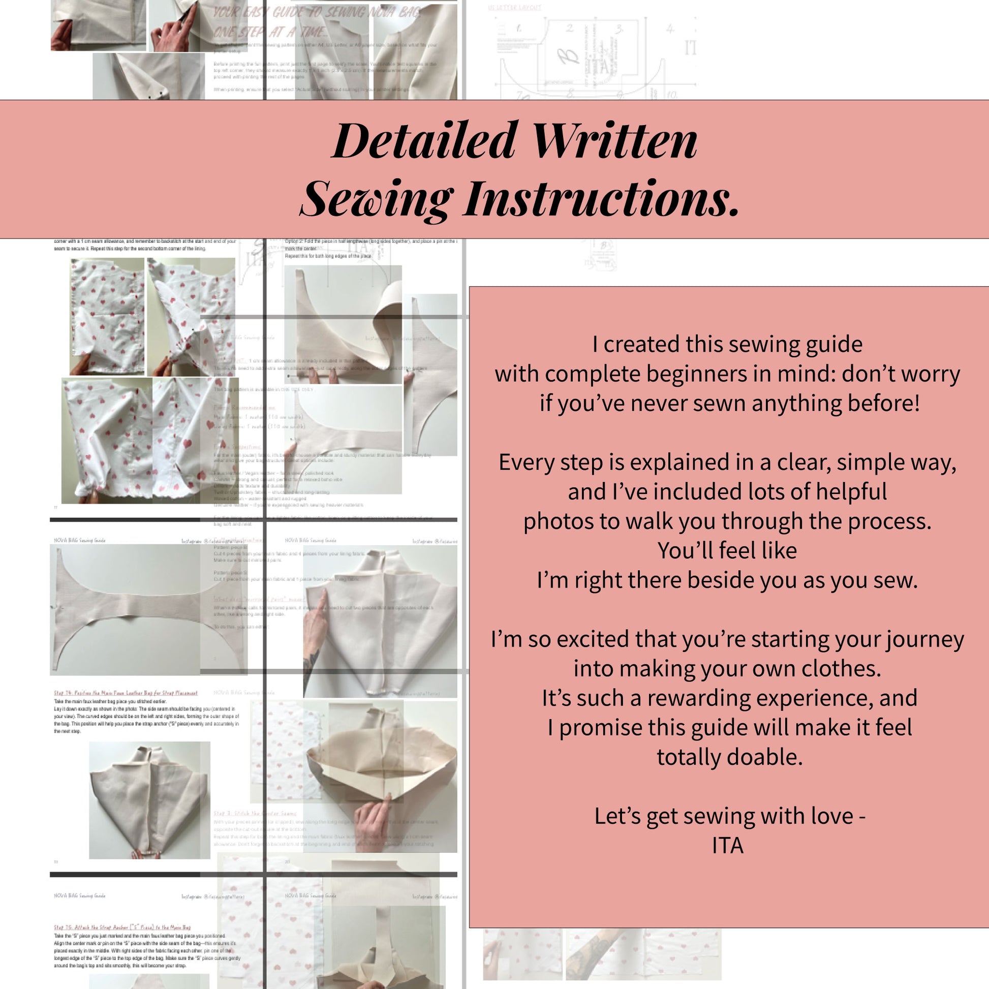 detailed written sewing instructions for the nova handbag sewing pattern with step by step photos and beginner friendly guidance.