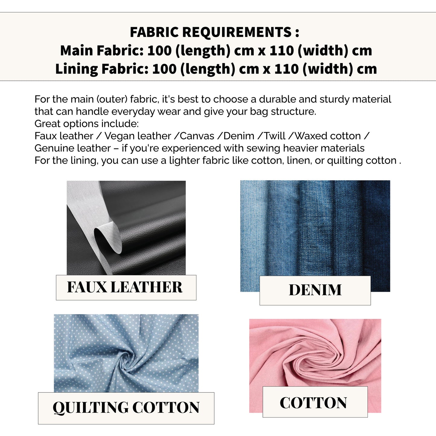 fabric requirements for nova handbag sewing pattern showing main and lining fabric measurements with examples of faux leather, denim, quilting cotton, and cotton.