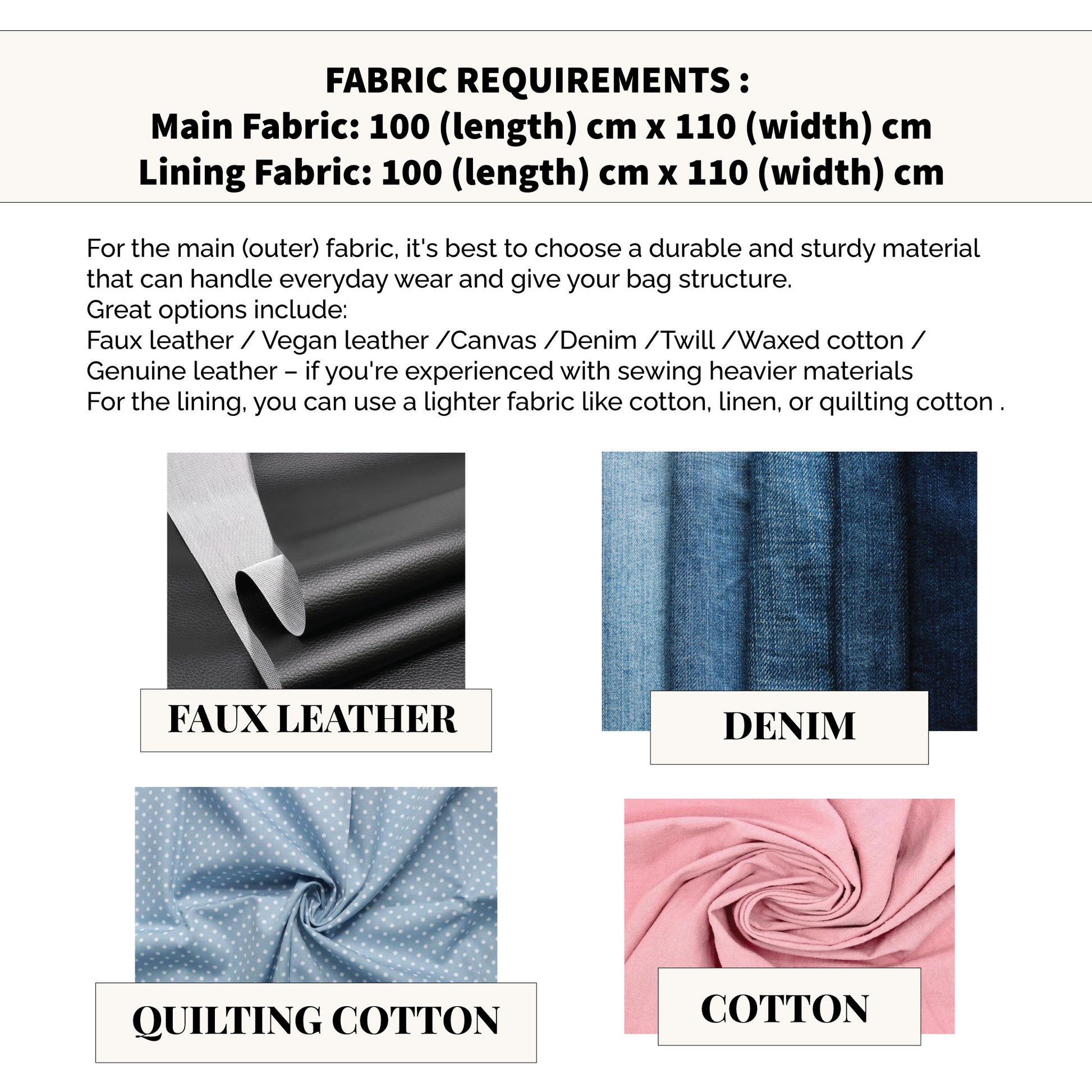 fabric requirements for nova handbag sewing pattern showing main and lining fabric measurements with examples of faux leather, denim, quilting cotton, and cotton.