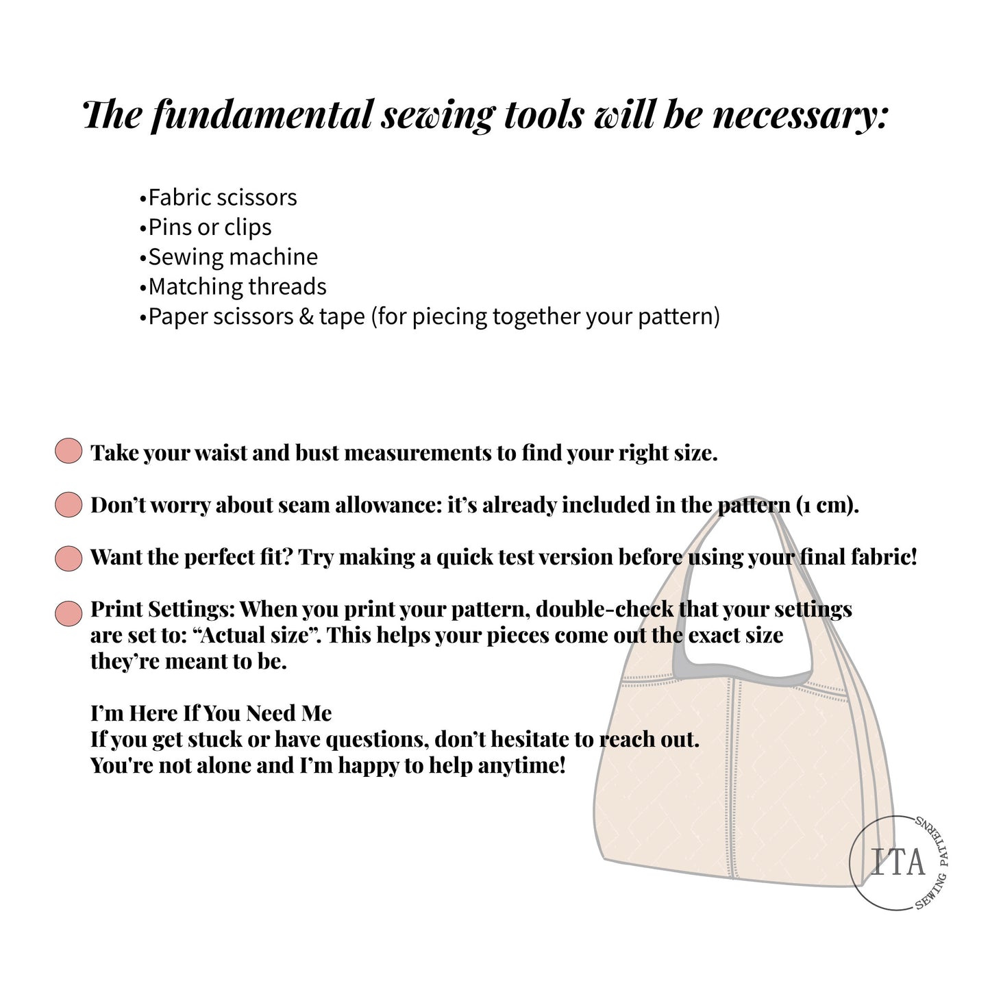 list of fundamental sewing tools needed for the nova handbag sewing pattern including fabric scissors, pins or clips, sewing machine, threads, and paper tools.