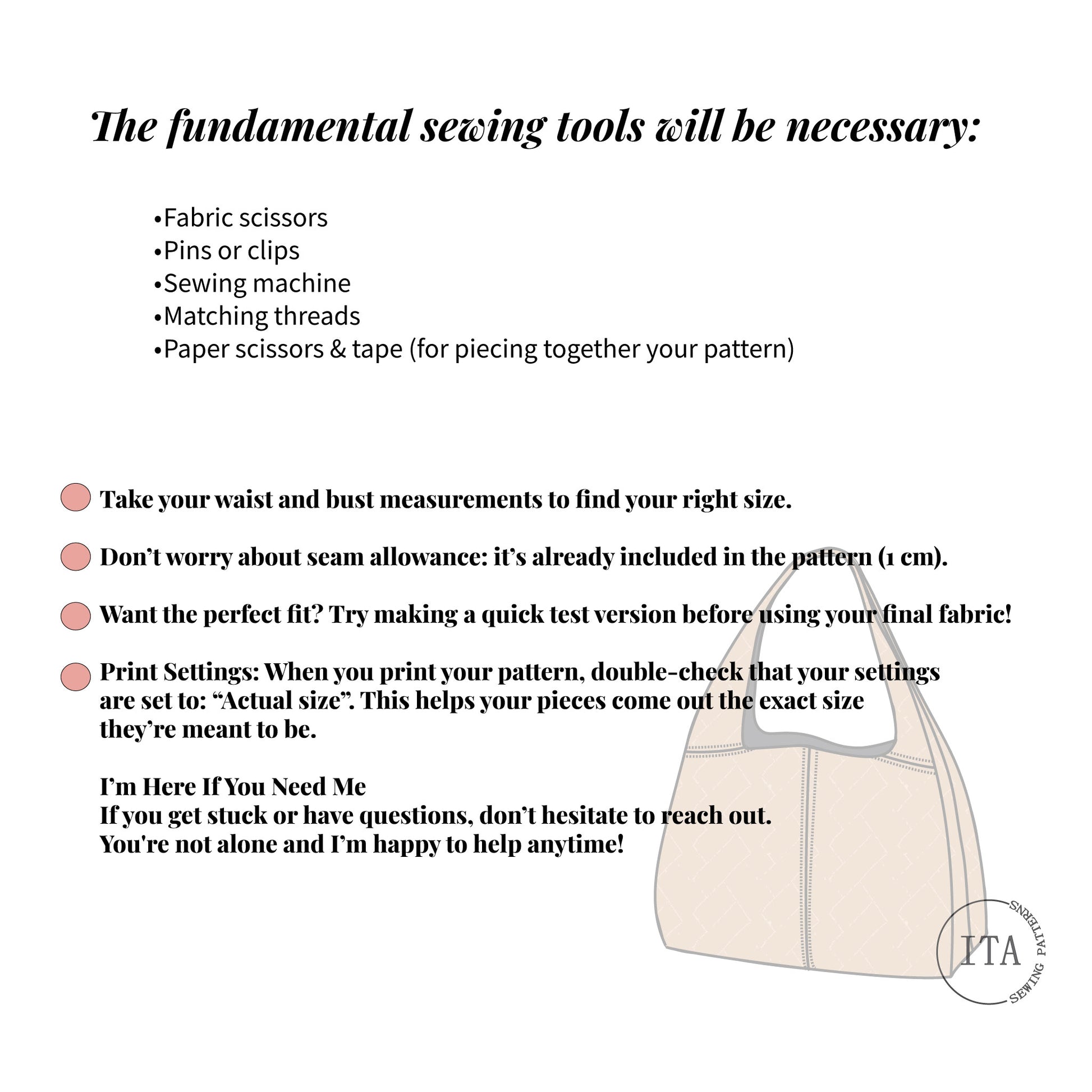 list of fundamental sewing tools needed for the nova handbag sewing pattern including fabric scissors, pins or clips, sewing machine, threads, and paper tools.