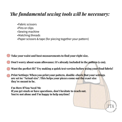 list of fundamental sewing tools needed for the nova handbag sewing pattern including fabric scissors, pins or clips, sewing machine, threads, and paper tools.