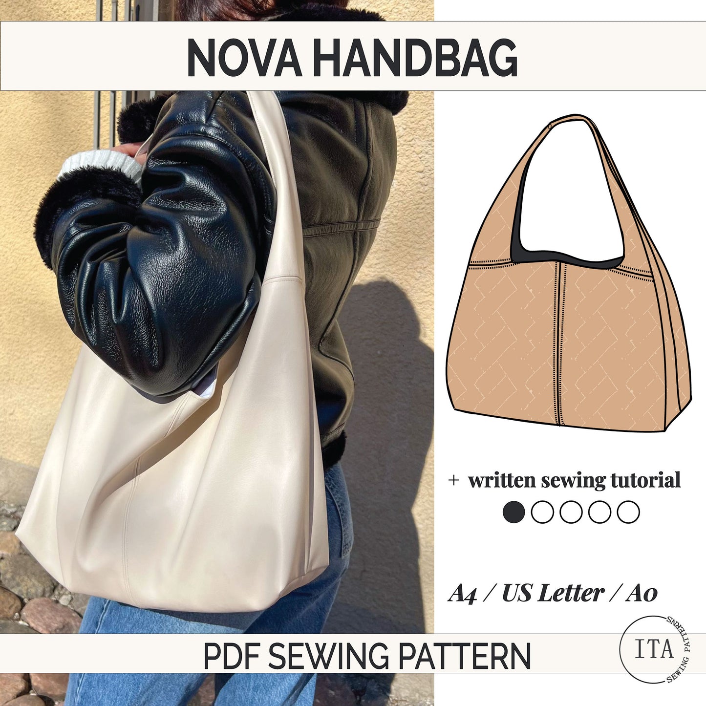 nova handbag leather slouchy bag sewing pattern cover image showing finished bag worn on shoulder and illustrated pattern design.