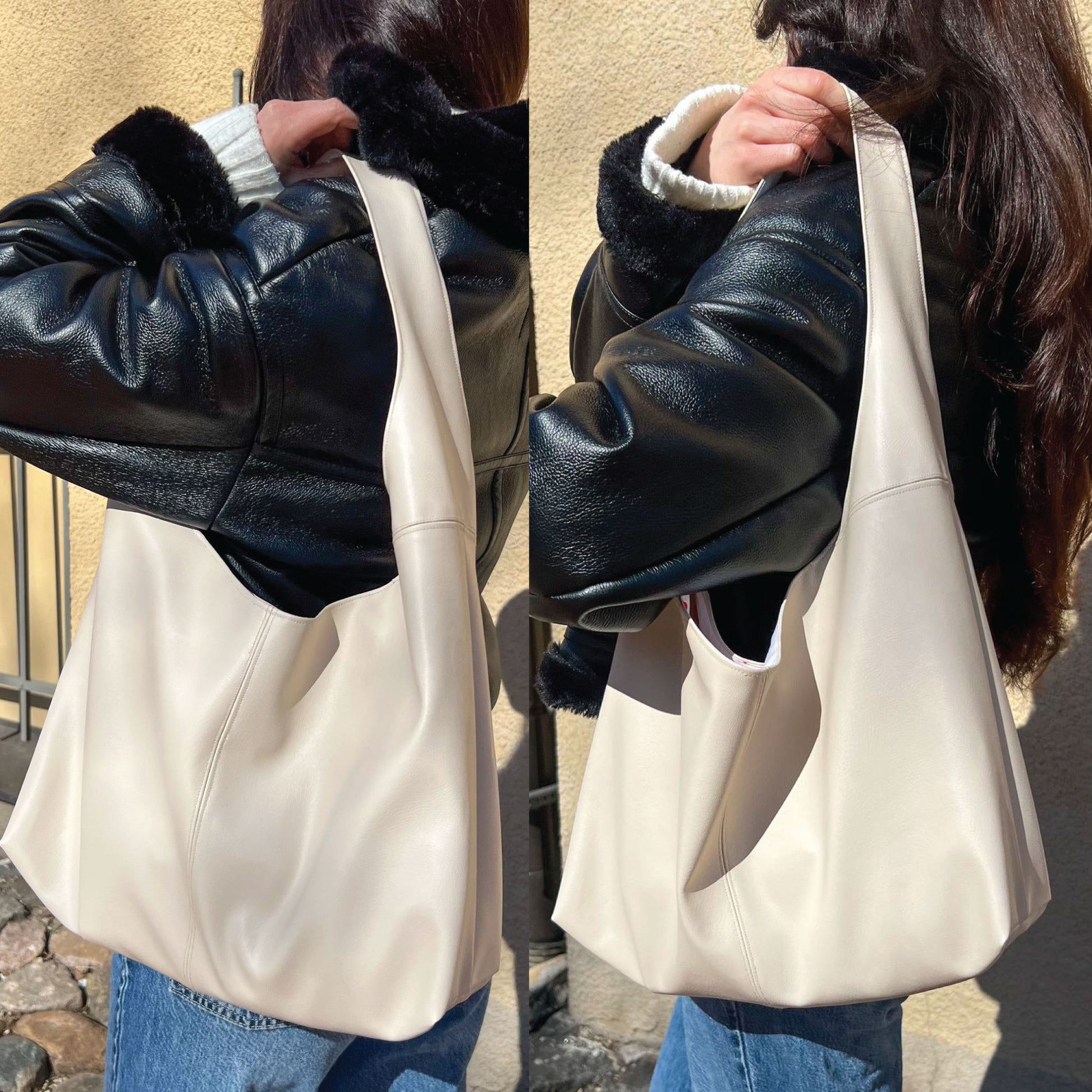 A cream-colored faux leather hobo shoulder bag shown on a model wearing a black leather jacket and blue jeans, presented in a side-by-side front and back view.