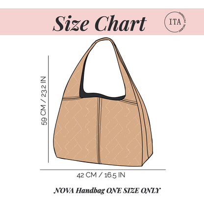nova handbag sewing pattern size chart showing slouchy bag dimensions with illustrated bag measurements in centimeters and inches.