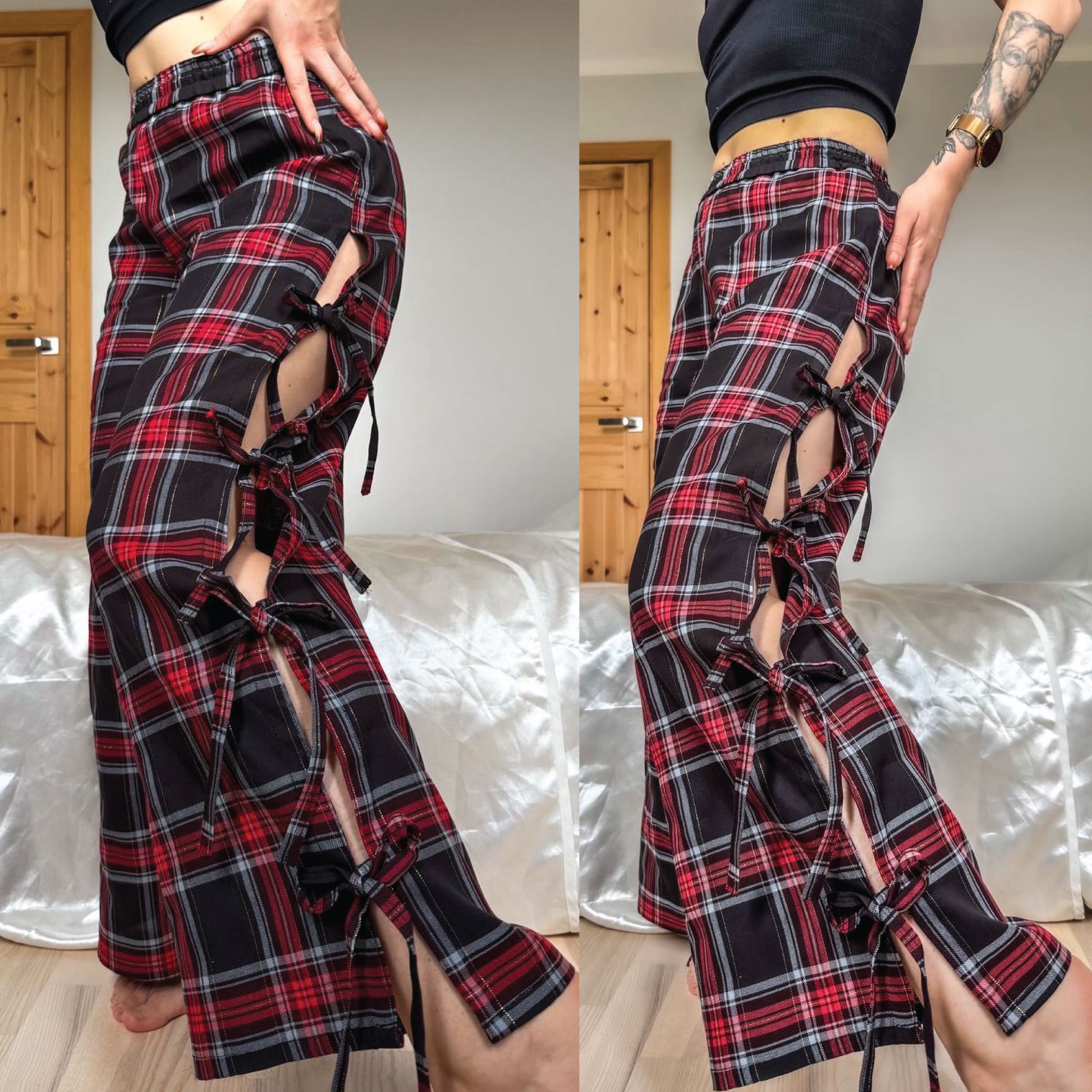 A person modeling a pair of wide-leg plaid pants with multiple cutout details and side tie closures. The image shows two side-by-side views of the same outfit in an indoor room with a bed and wooden door in the background.