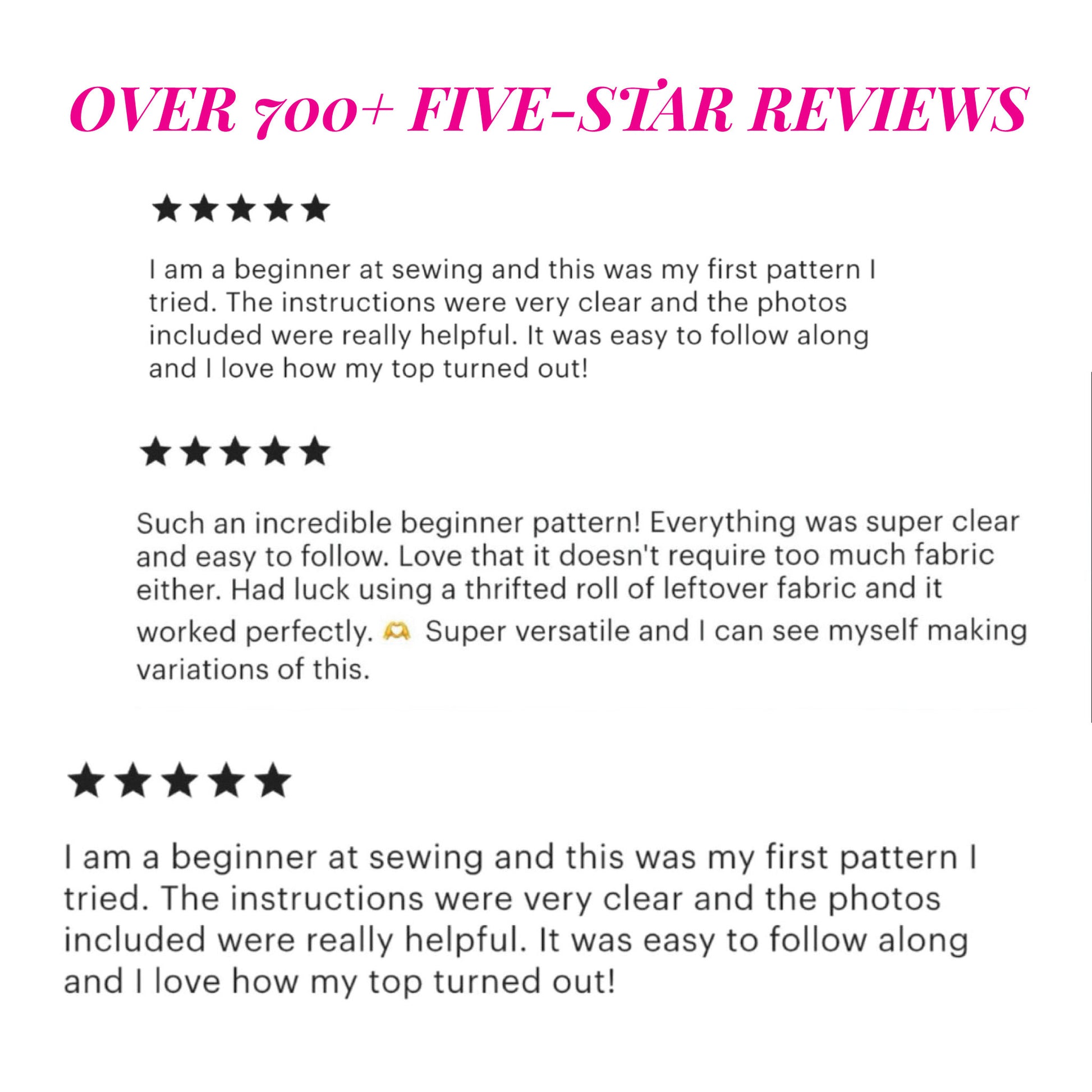 Customer reviews for the Bestseller Trio sewing patterns, featuring 5-star ratings for easy-to-follow instructions and professional clean finishes.
