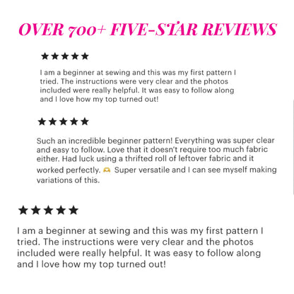 Customer reviews for the Bestseller Trio sewing patterns, featuring 5-star ratings for easy-to-follow instructions and professional clean finishes.