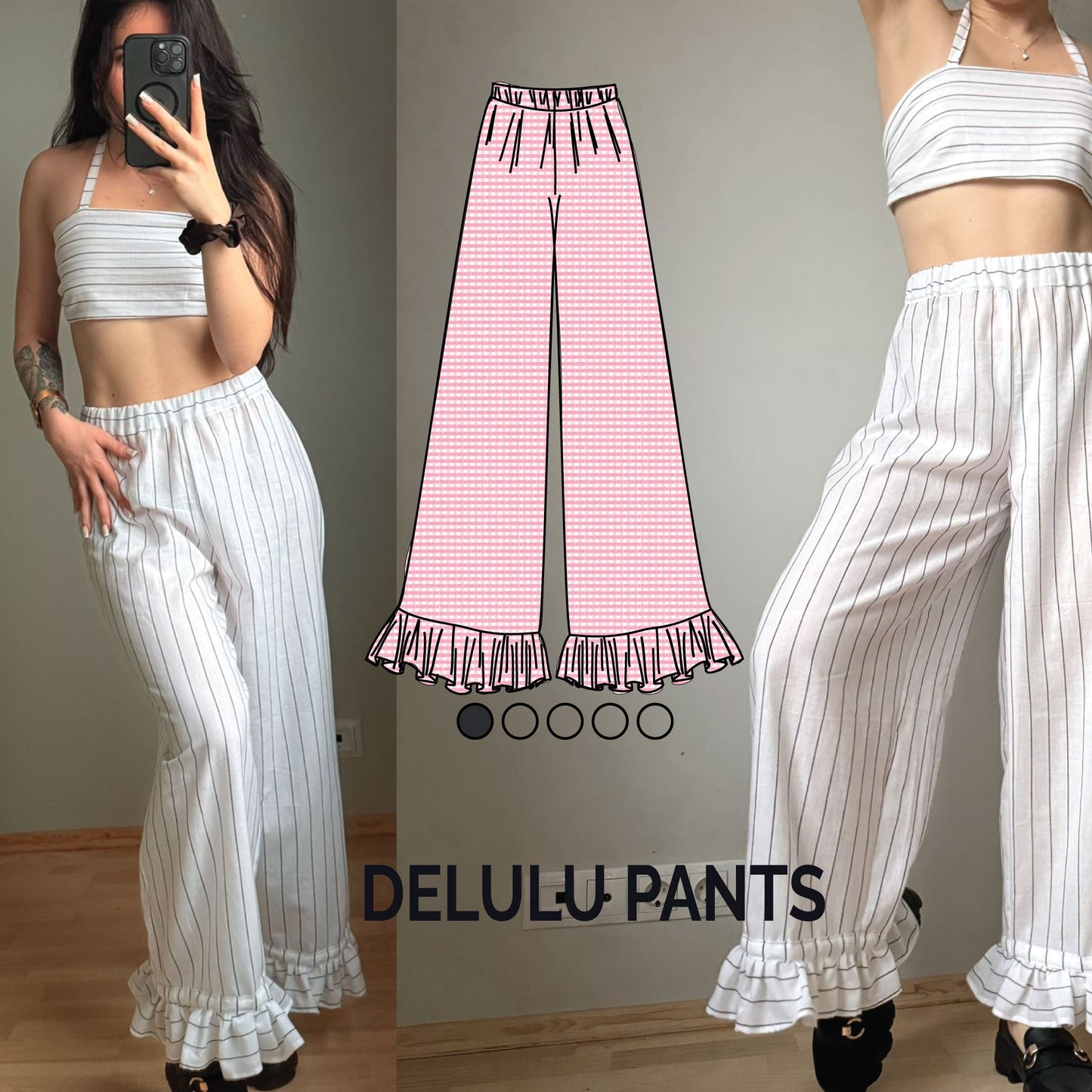 Woman wearing white ruffled pants made from delulu pants sewing pattern with a design illustration in the center.