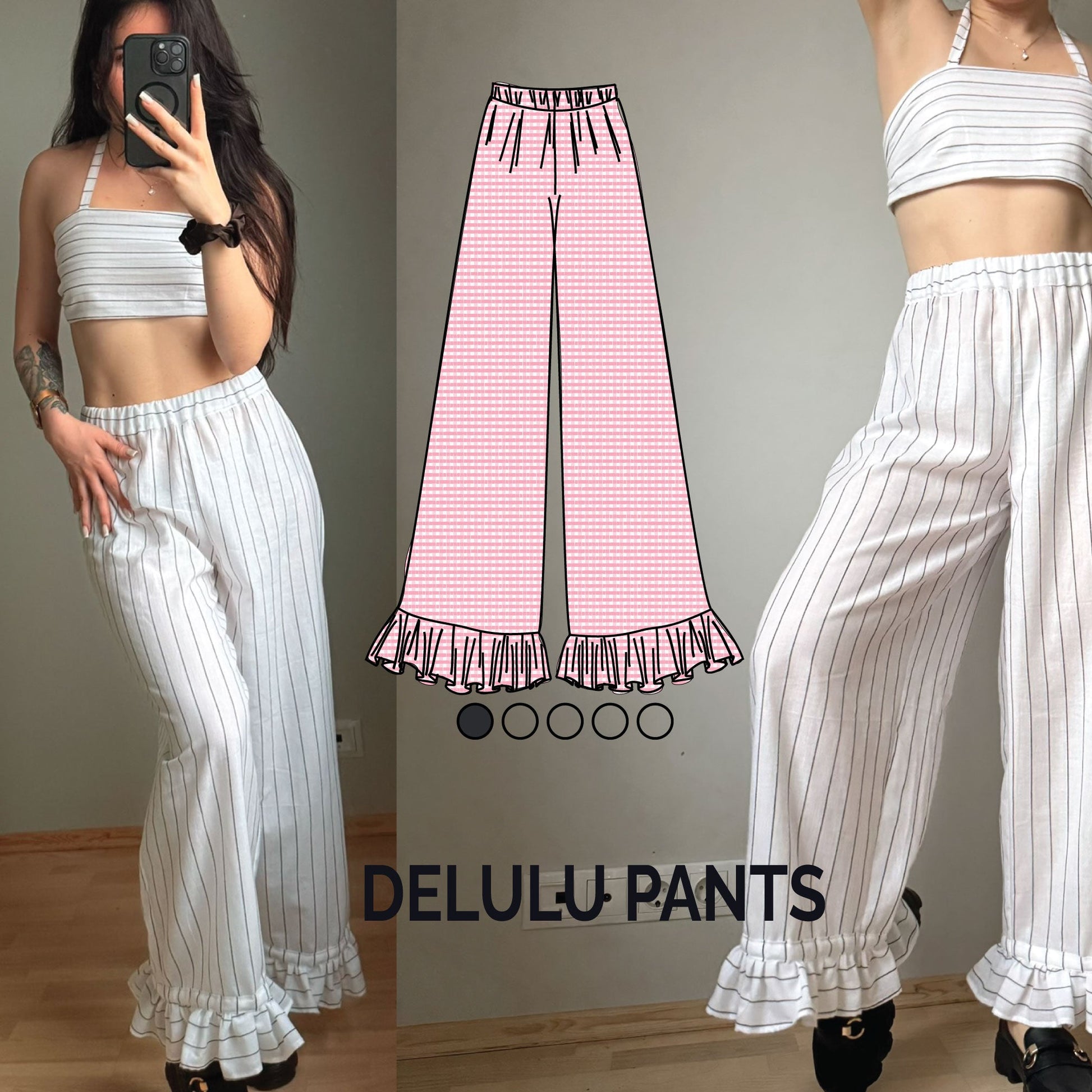 Woman wearing white ruffled pants made from delulu pants sewing pattern with a design illustration in the center.
