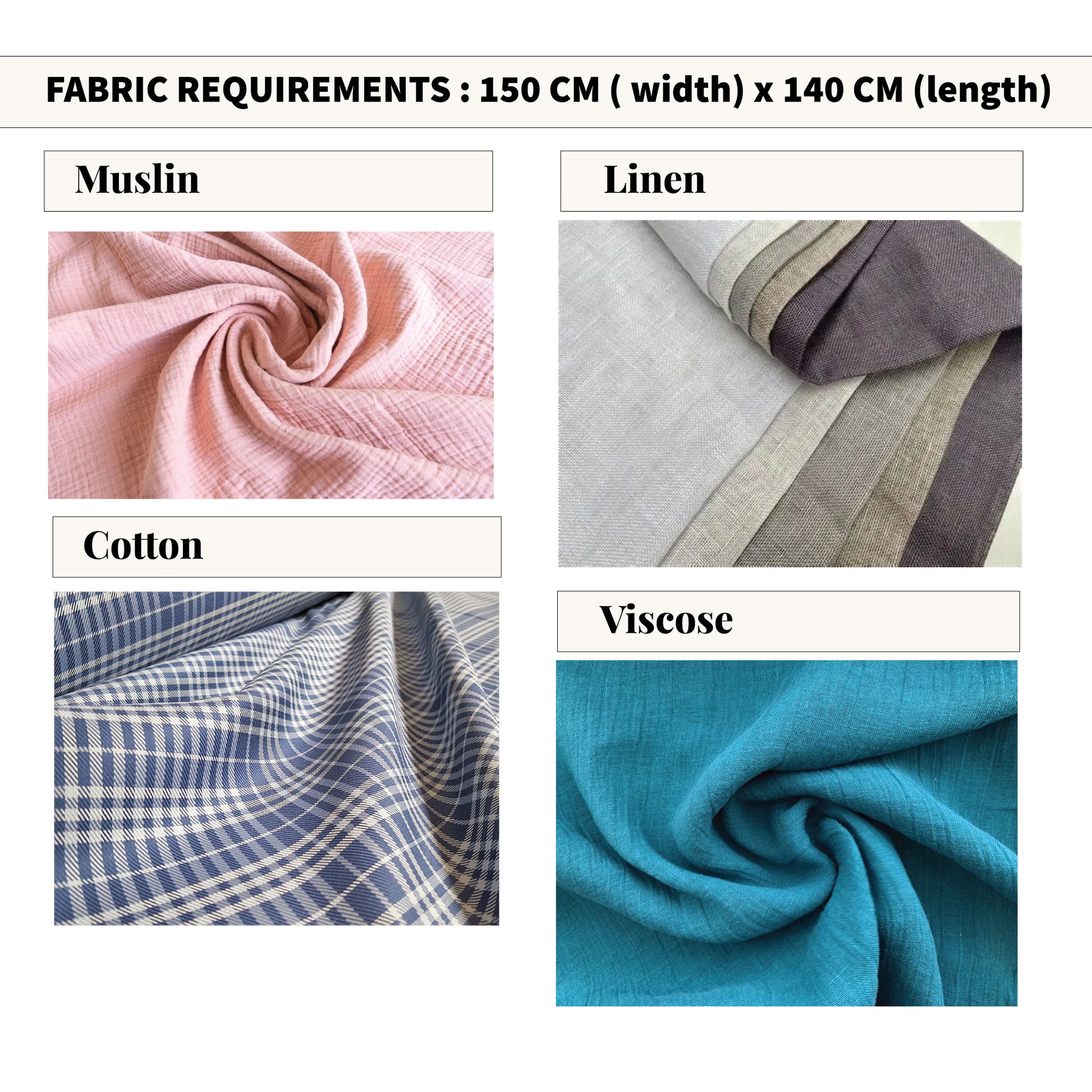 Pixie top sewing pattern fabric requirements showing muslin, linen, cotton and viscose options.