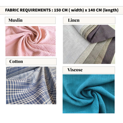 Pixie top sewing pattern fabric requirements showing muslin, linen, cotton and viscose options.