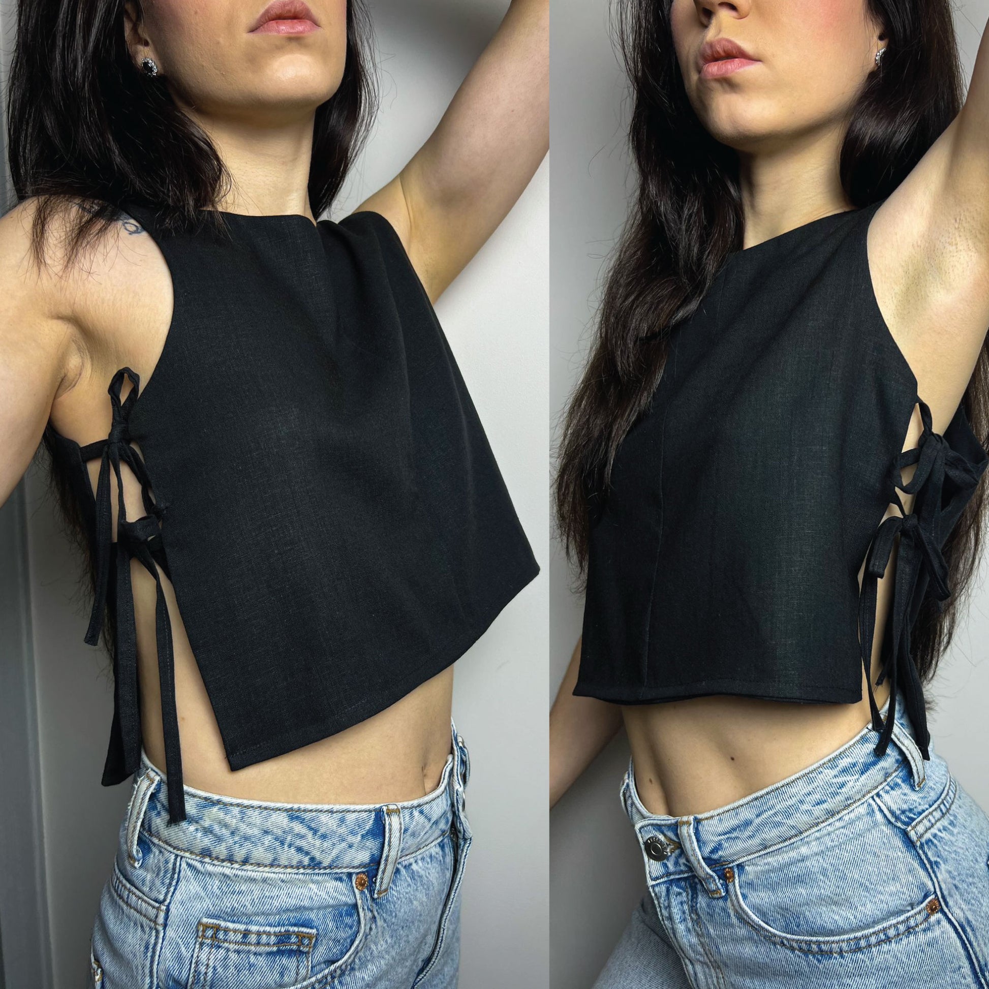 A woman modeling a black sleeveless crop top with side tie details, paired with light blue jeans, shown in a split front and back view against a plain light gray wall.