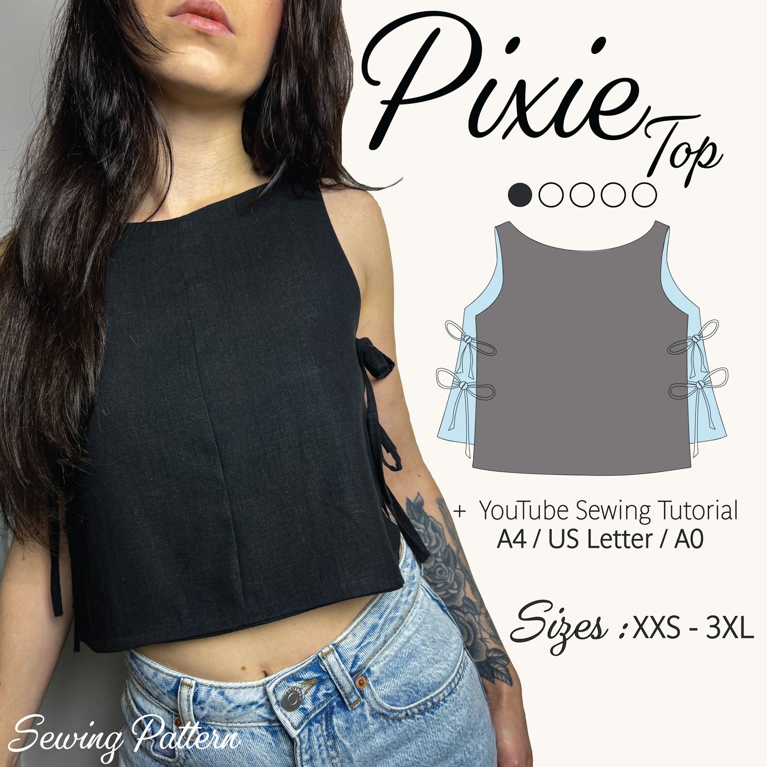 Promotional graphic for a sewing pattern of a crop top, featuring a model wearing a black version of the top and a digital illustration showing the gray fabric design with light blue lace-up sleeve details. Text reads 'PixieTop', '+ YouTube Sewing Tutorial', 'Sizing : XXS - 3XL', and 'Sewing Pattern'.