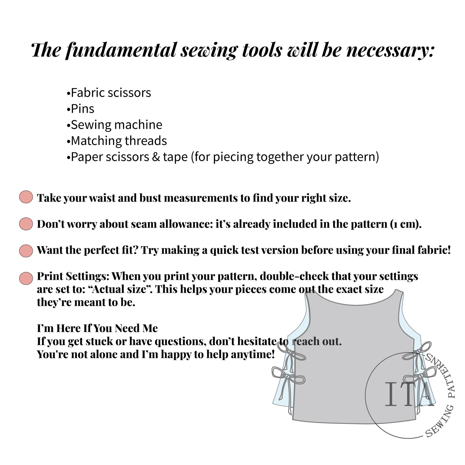 Pixie top sewing pattern showing required sewing tools and important printing and sizing instructions.