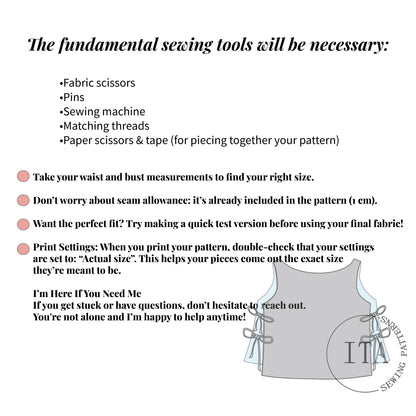 Pixie top sewing pattern showing required sewing tools and important printing and sizing instructions.