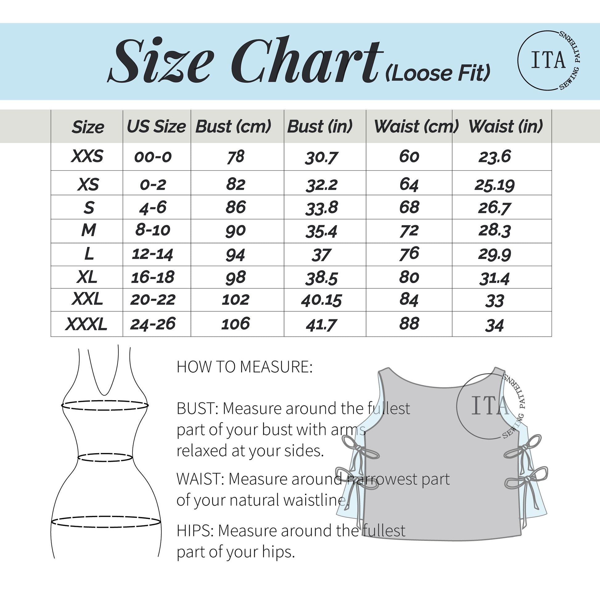 Pixie top sewing pattern size chart showing body measurements in centimeters and inches for loose fit.