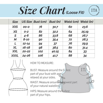 Pixie top sewing pattern size chart showing body measurements in centimeters and inches for loose fit.