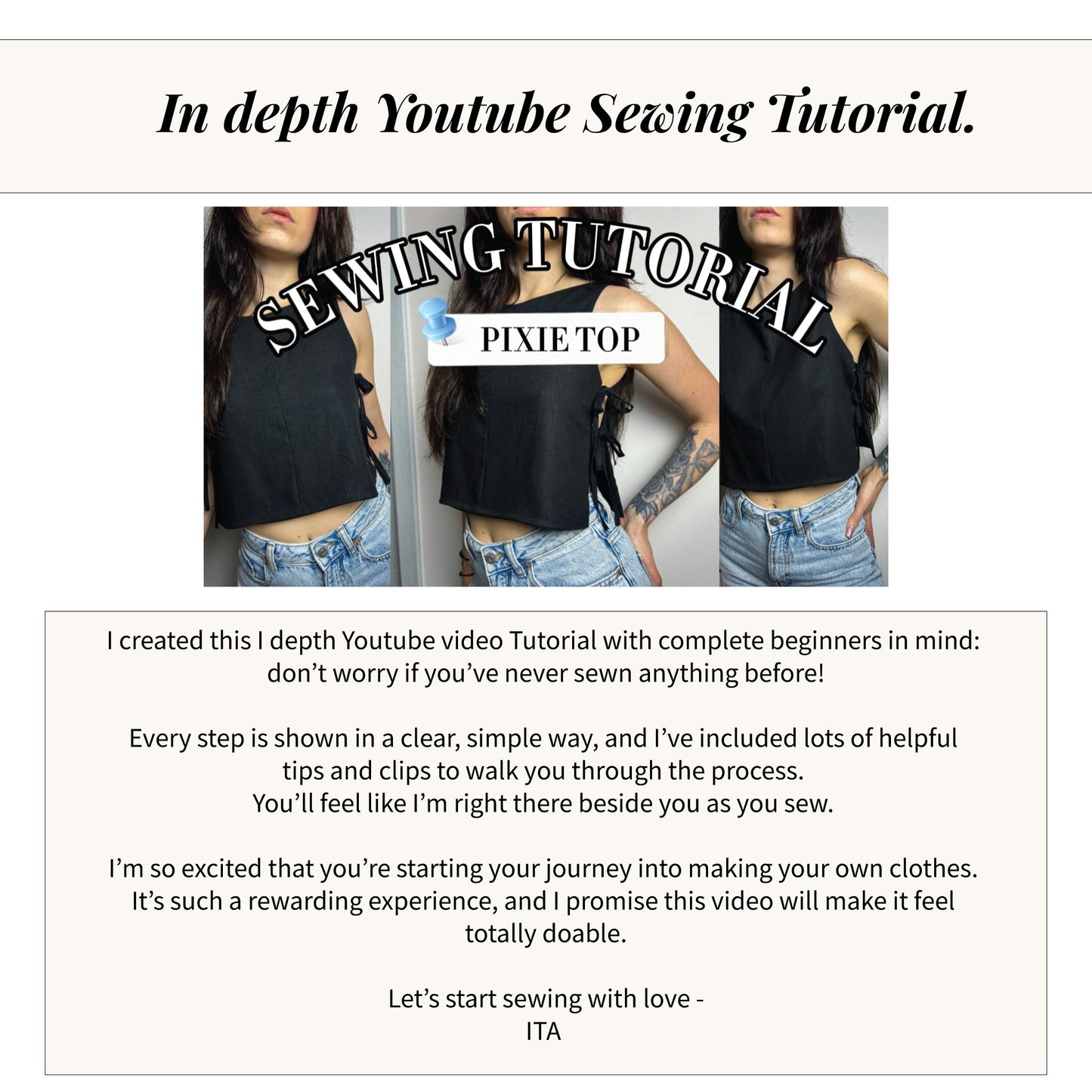 Pixie top sewing pattern with in depth YouTube sewing tutorial for beginners.