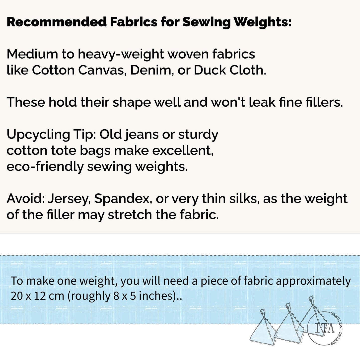 Text describing recommended fabrics for sewing weights with a blue banner and logo of ita sewing patterns at the bottom.